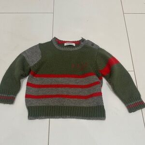 3 pommes Green and Gray Striped Sweater with Red Accents 18m French brand